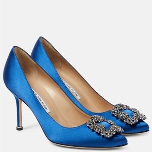Manolo Blahnik Hangisi Blue Satin Jewel Buckle Pumps